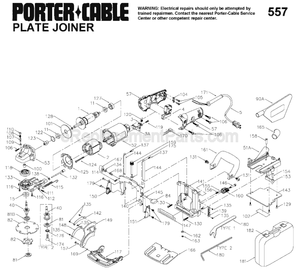 Page A Diagram and Parts List for 557 Type 4 Porter Cable Biscuit Joiner